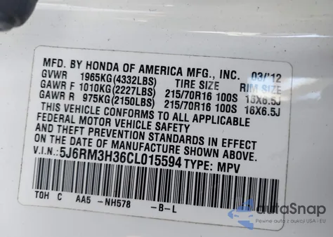 2012 Honda Cr-V Lx z USA, uszkodzony, nr VIN 5J6RM3H36CL015594